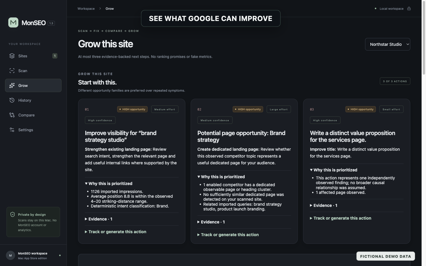 MonSEO Grow screen with Search Console opportunities