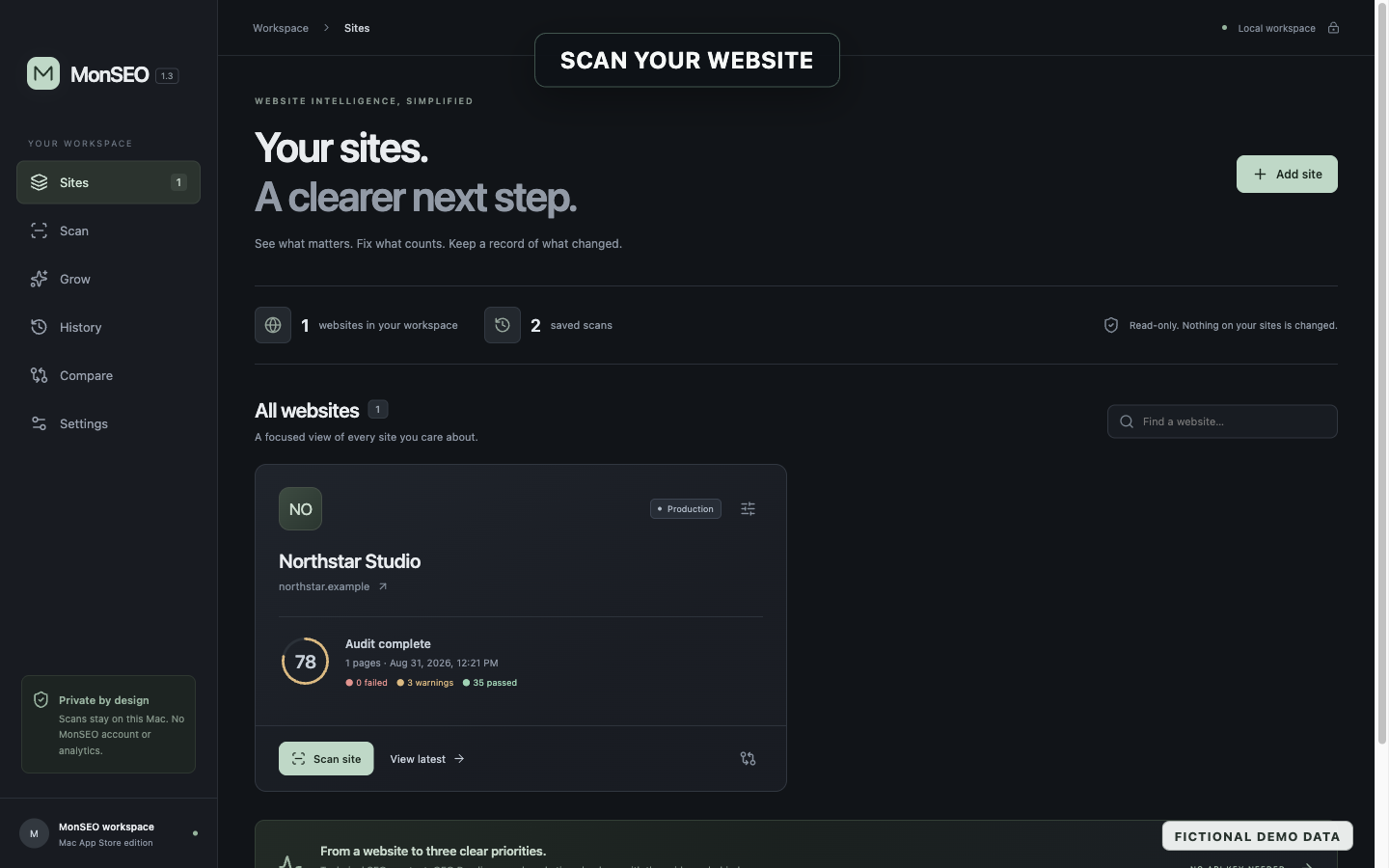 MonSEO Mac app showing a local website workspace and latest scan score